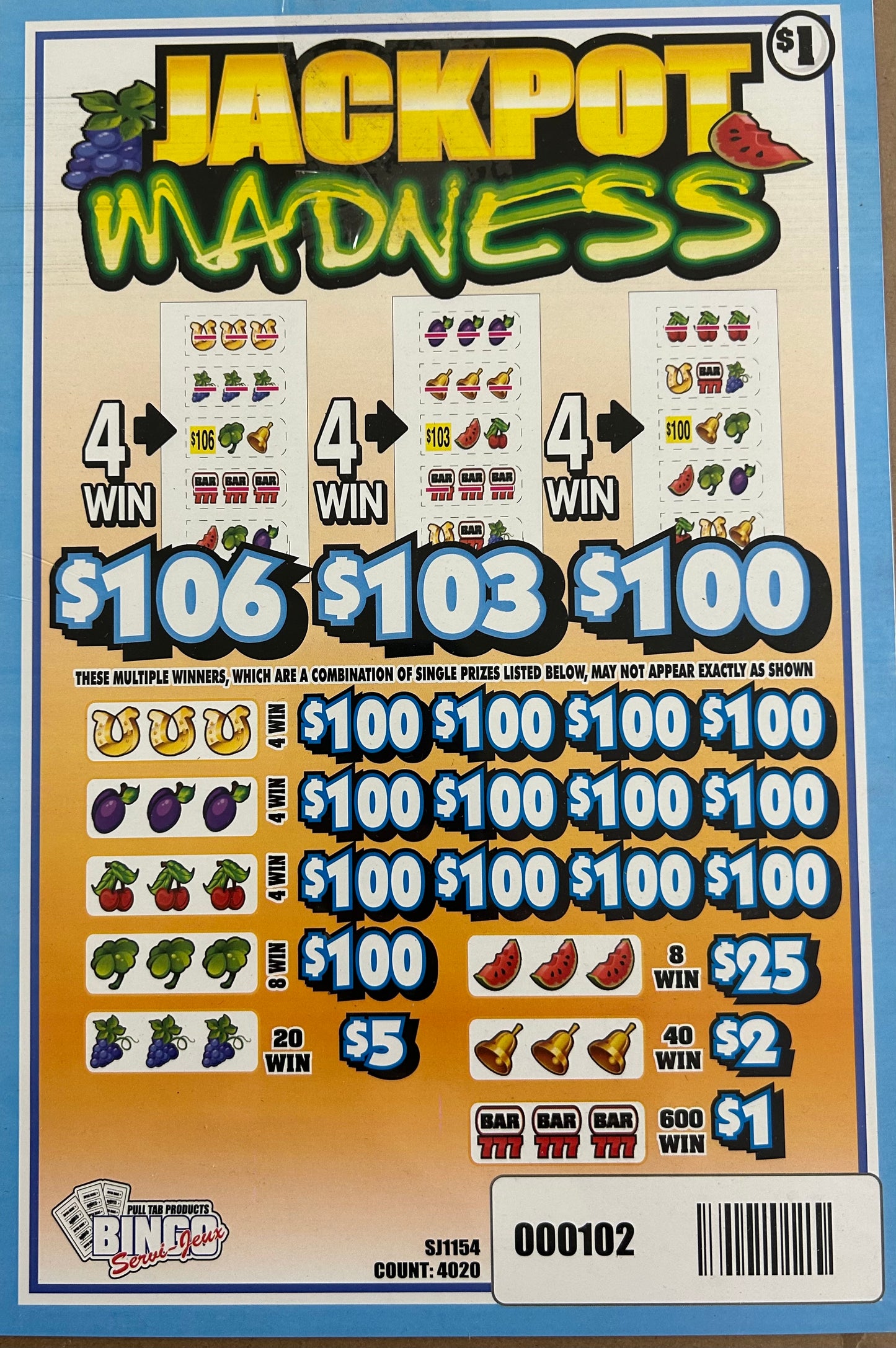 Jackpot Madness 4020ct $1 20-$100 Instant Pull Tabs
