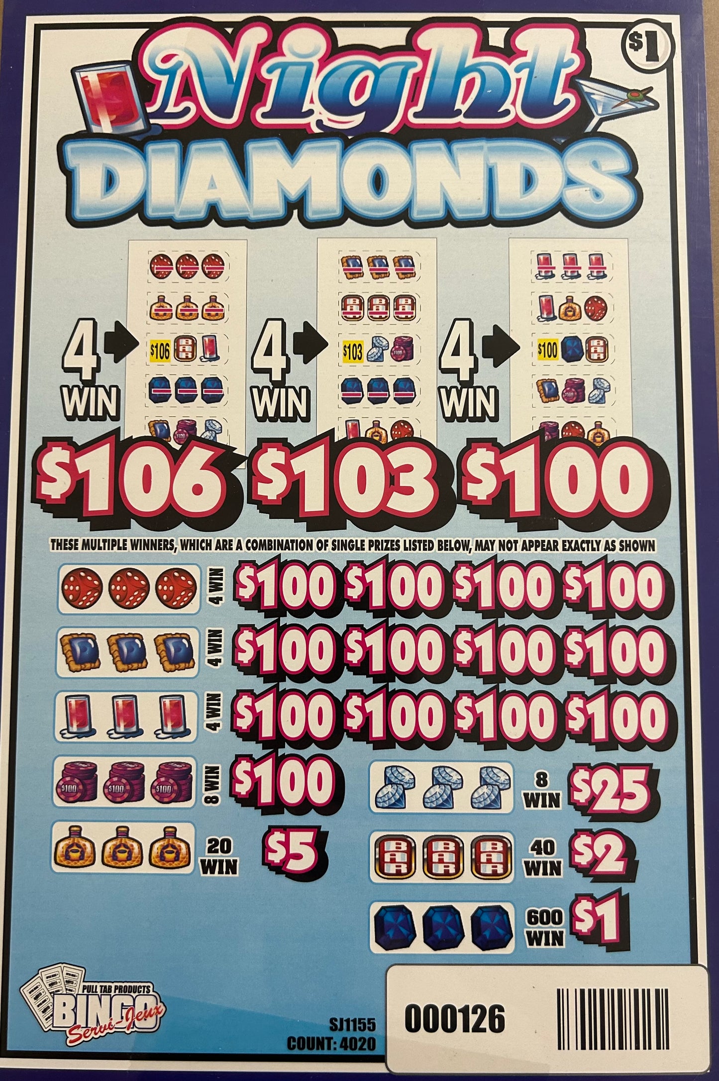 Night Diamonds 4020ct $1 20-$100 Instant Pull Tab