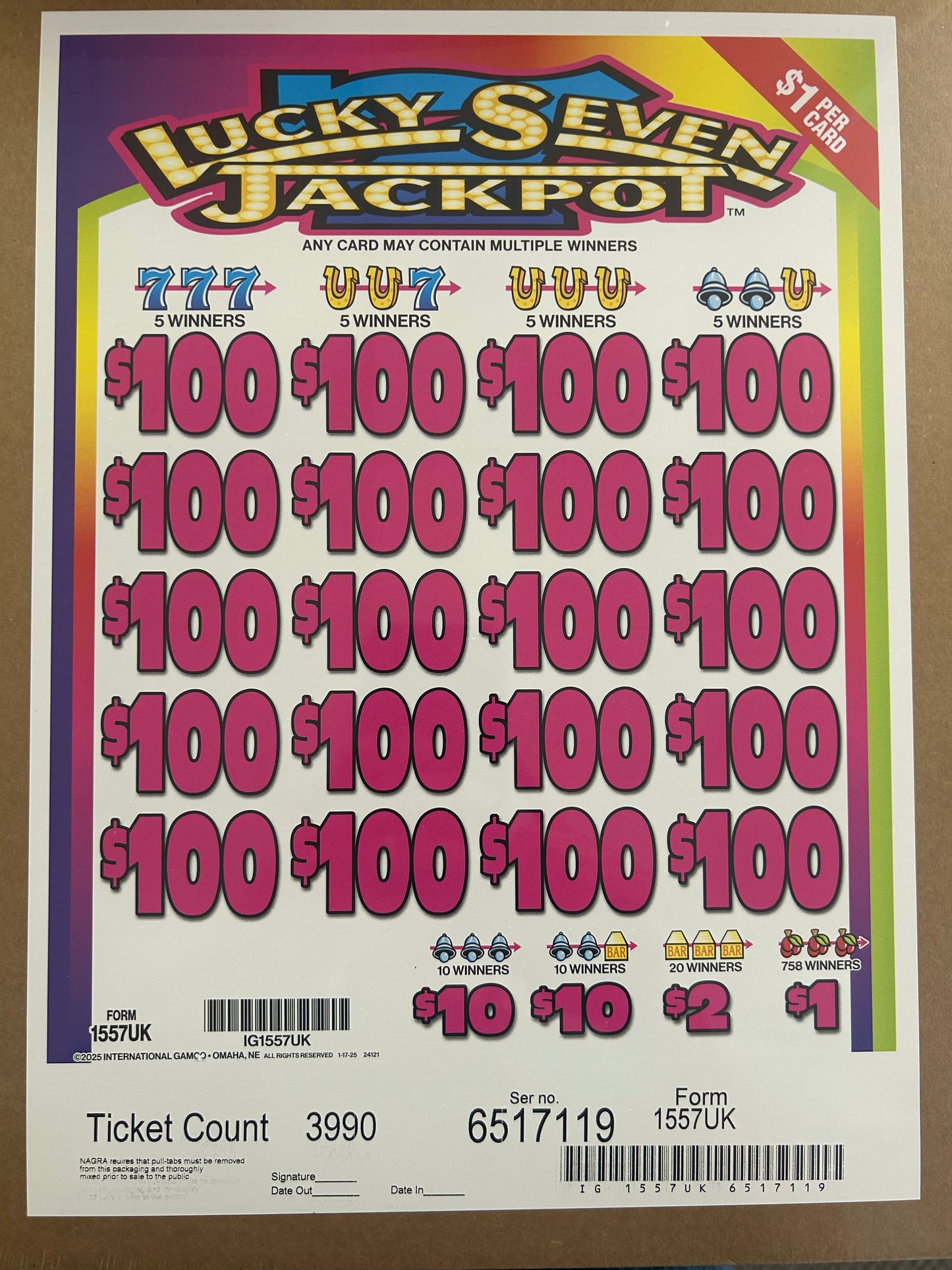 Lucky 7's Jackpot 3990ct 1$ 20-$100 Instants Pull Tabs
