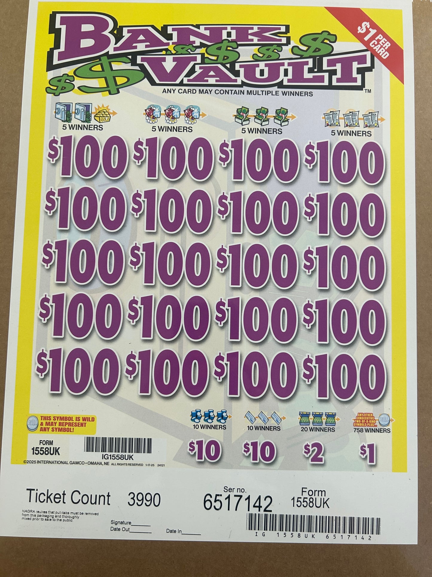 Bank Vault $1 3990ct 20-$100 Instants Pull Tabs