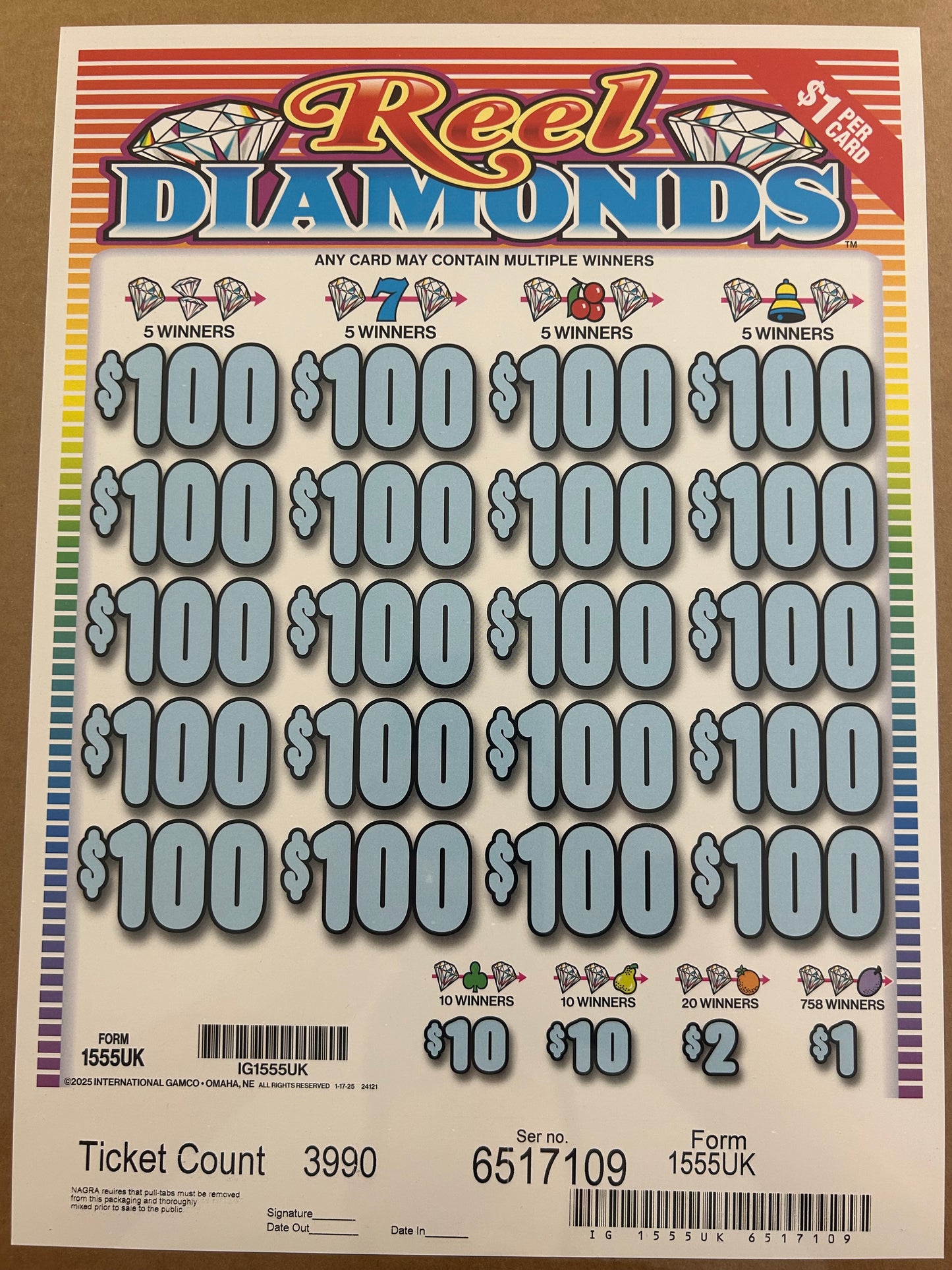 Reel Diamonds 3990ct $1 20-$100 Instants Pull Tabs