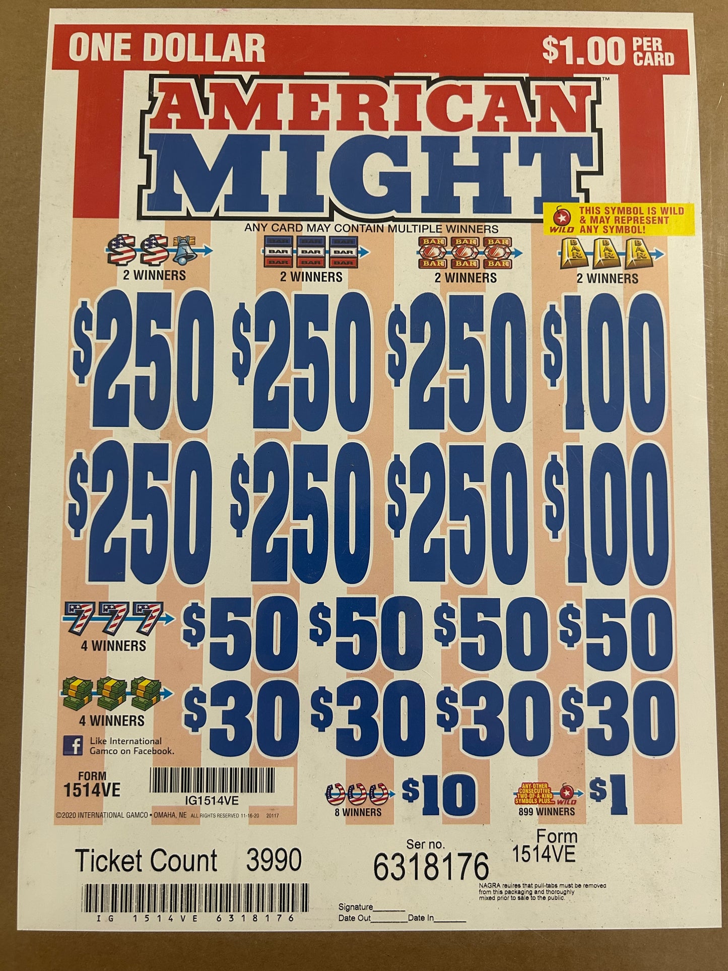 American Might $1 3990ct 6-$250 Instant Pull Tabs