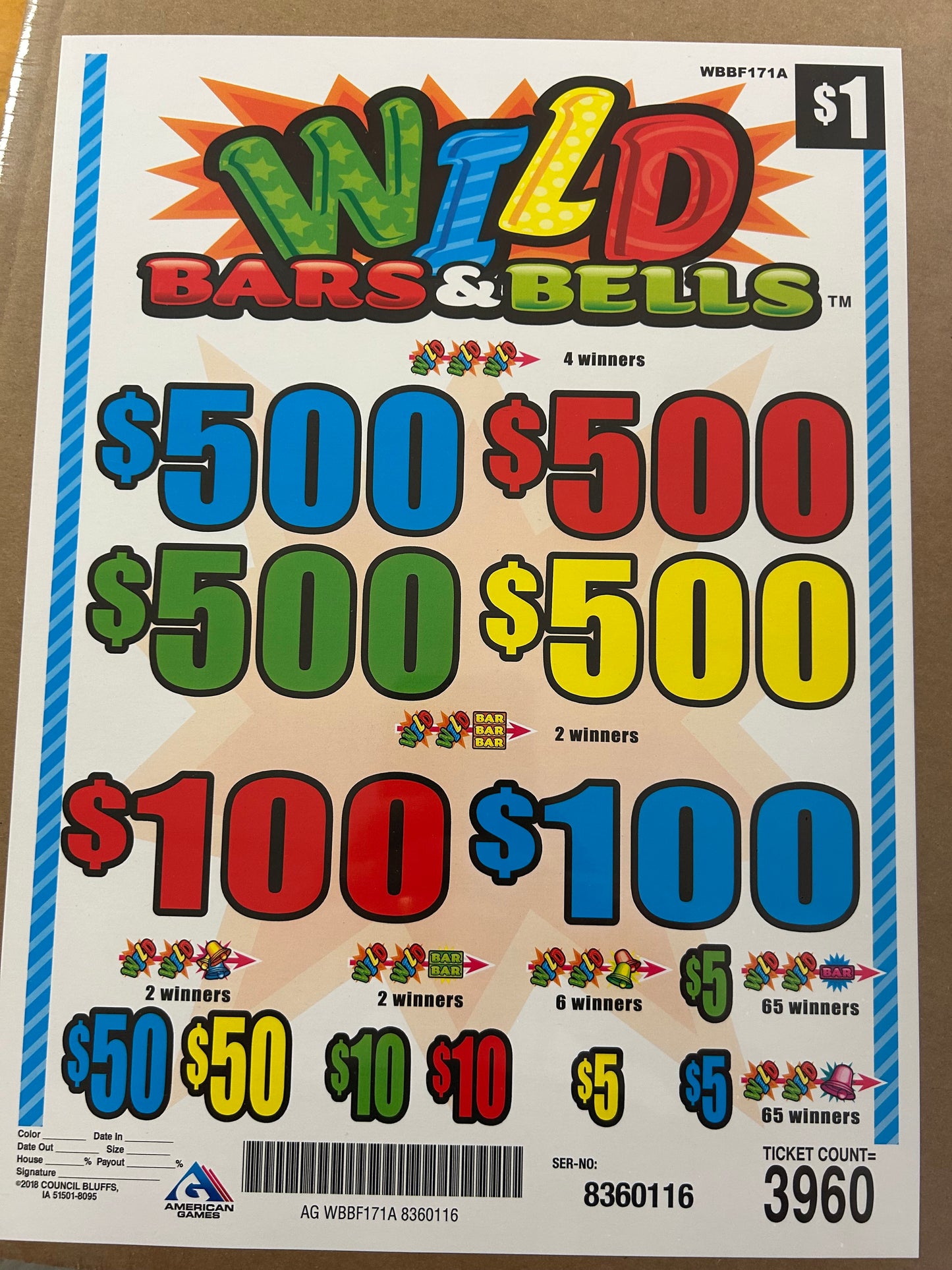 Wild Bars and Bells 3960ct $1 4-$500 Instant Pull Tabs