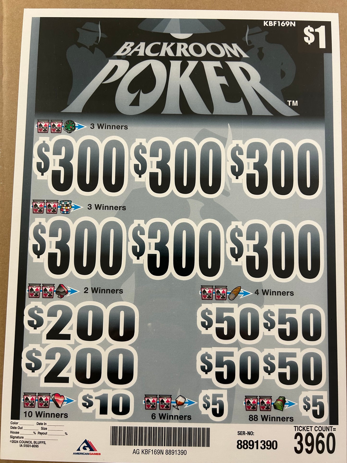 Backroom Poker 3960ct $1 6-$300 Instant Pull Tabs