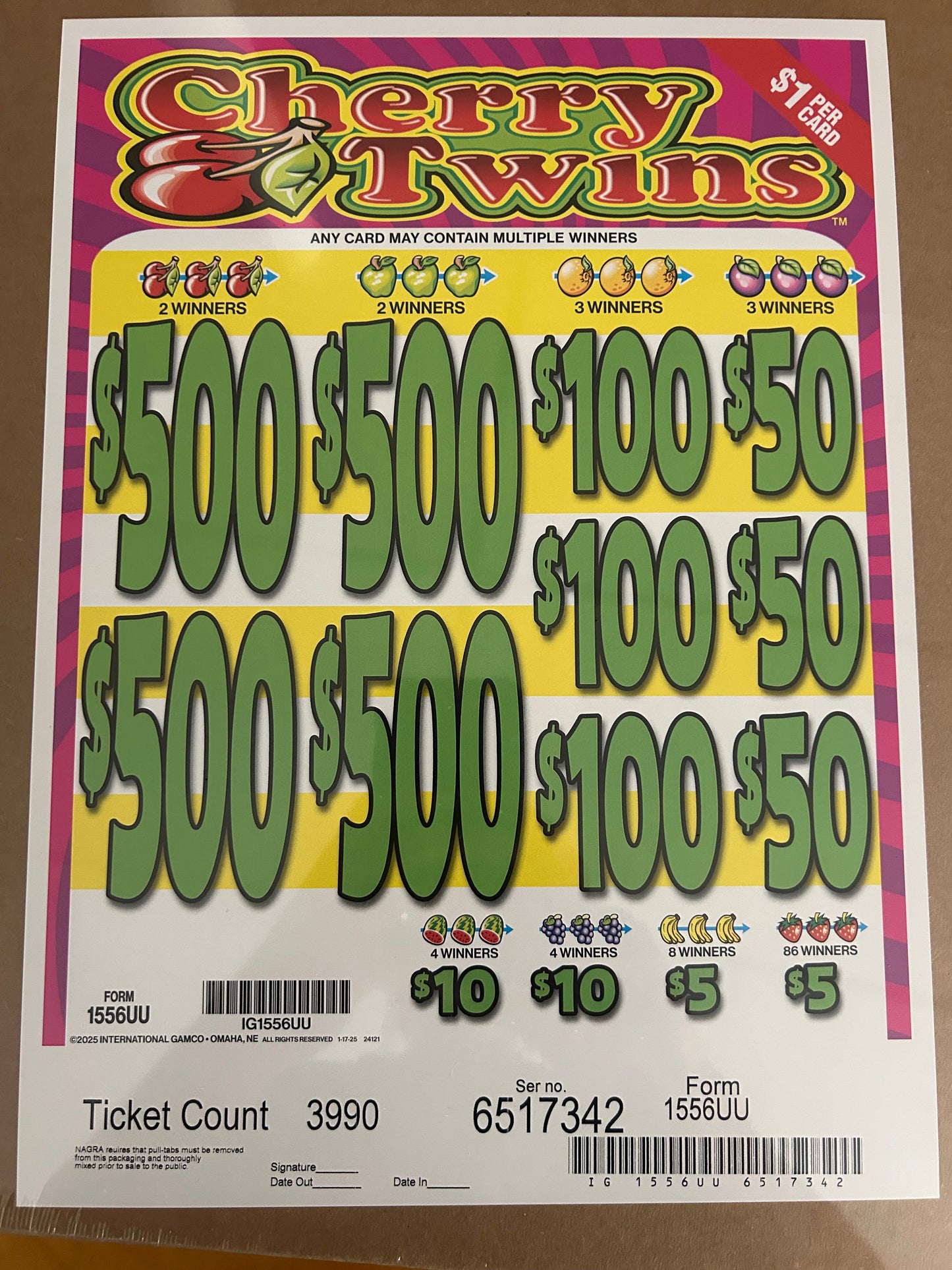Cherry Twins 3990ct $1 4-$500 Instant Pull Tabs