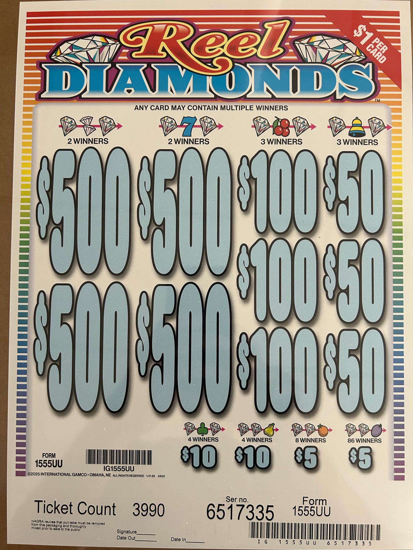 Reel Diamonds 3990ct $1 4-$500 Instant Pull Tabs