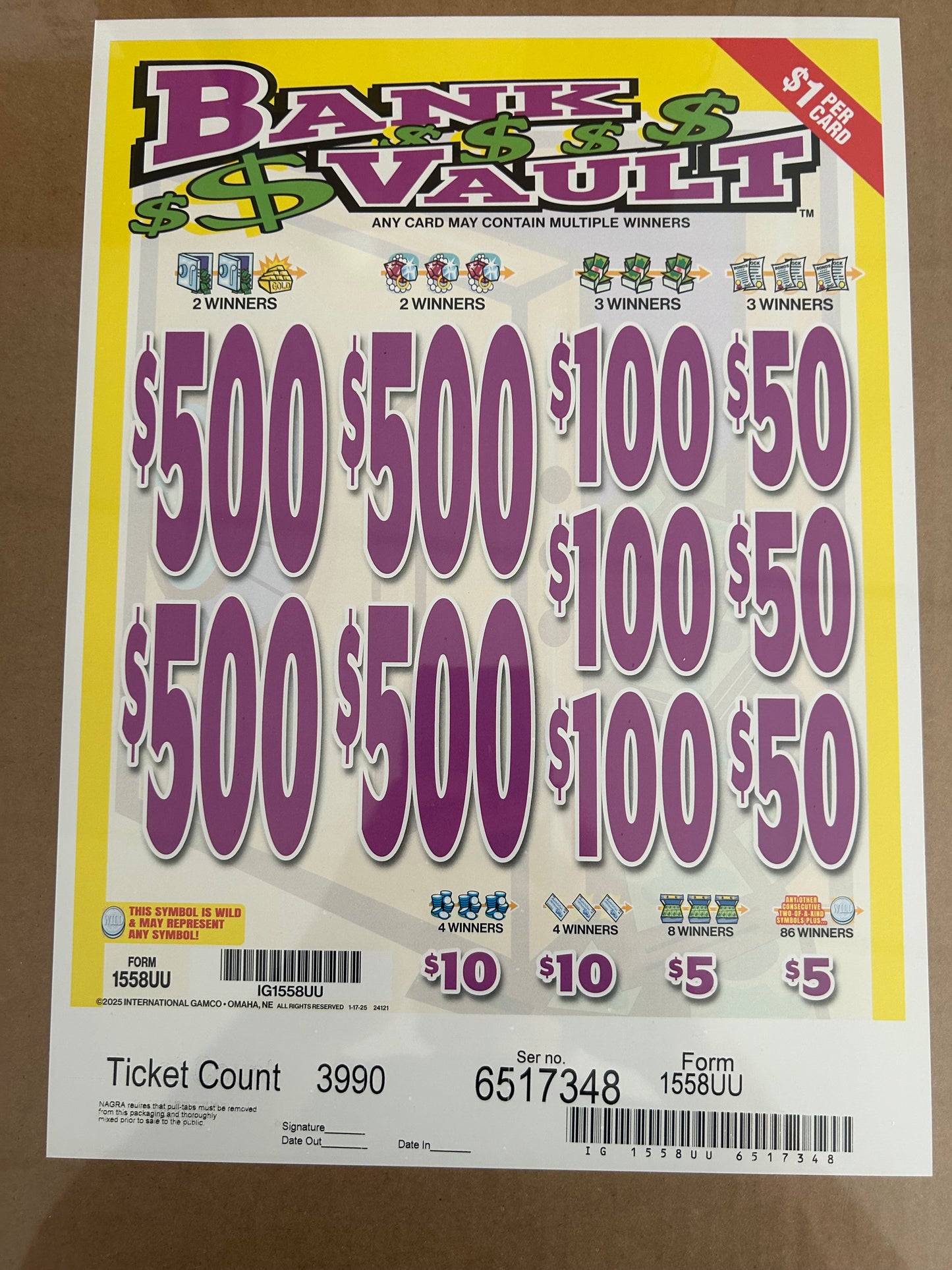 Bank Vault 3990ct $1 4-$500 Instant Pull Tabs