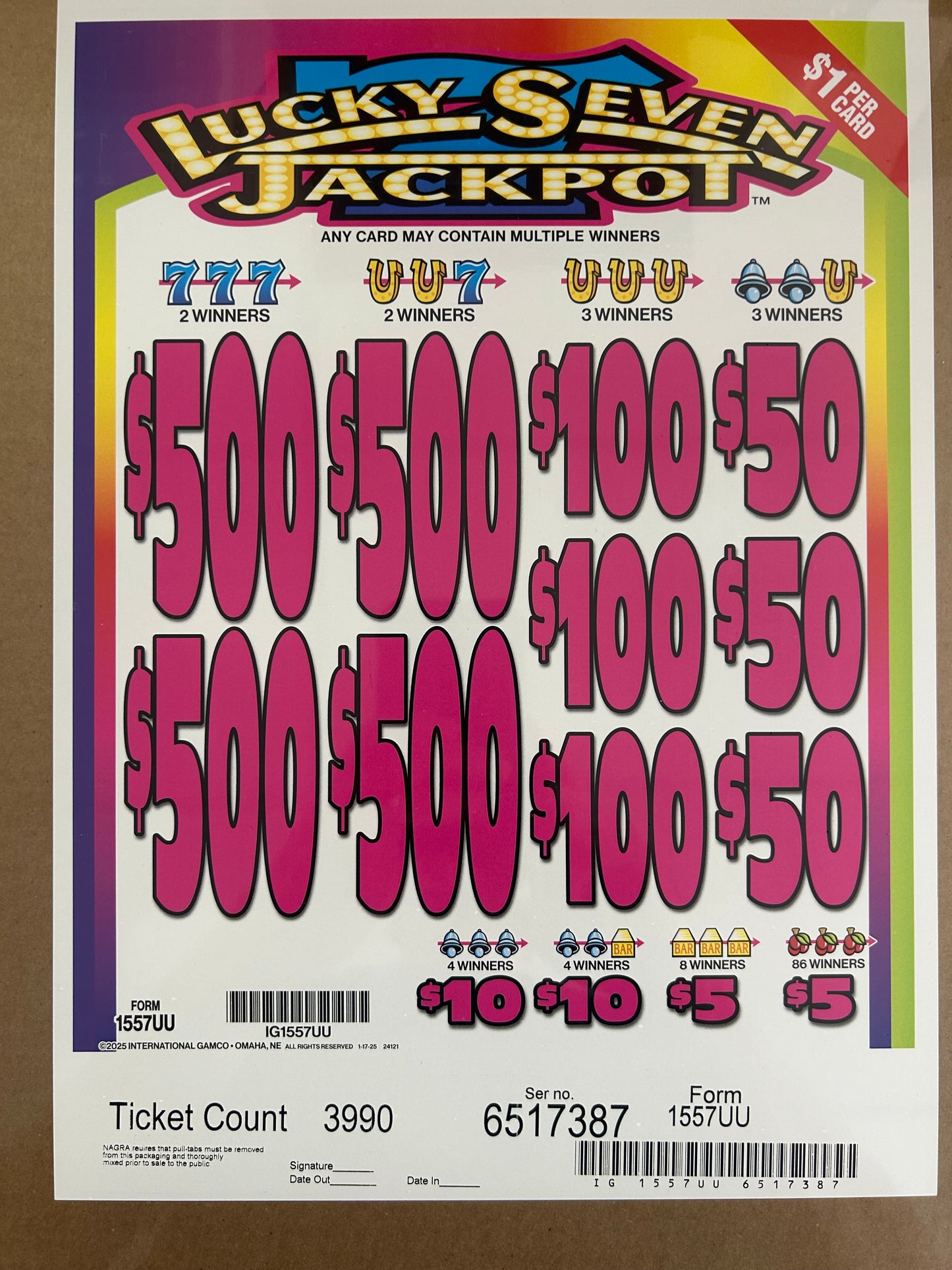 Lucky Seven Jackpot 3990ct $1 4-$500 Instant Pull Tabs