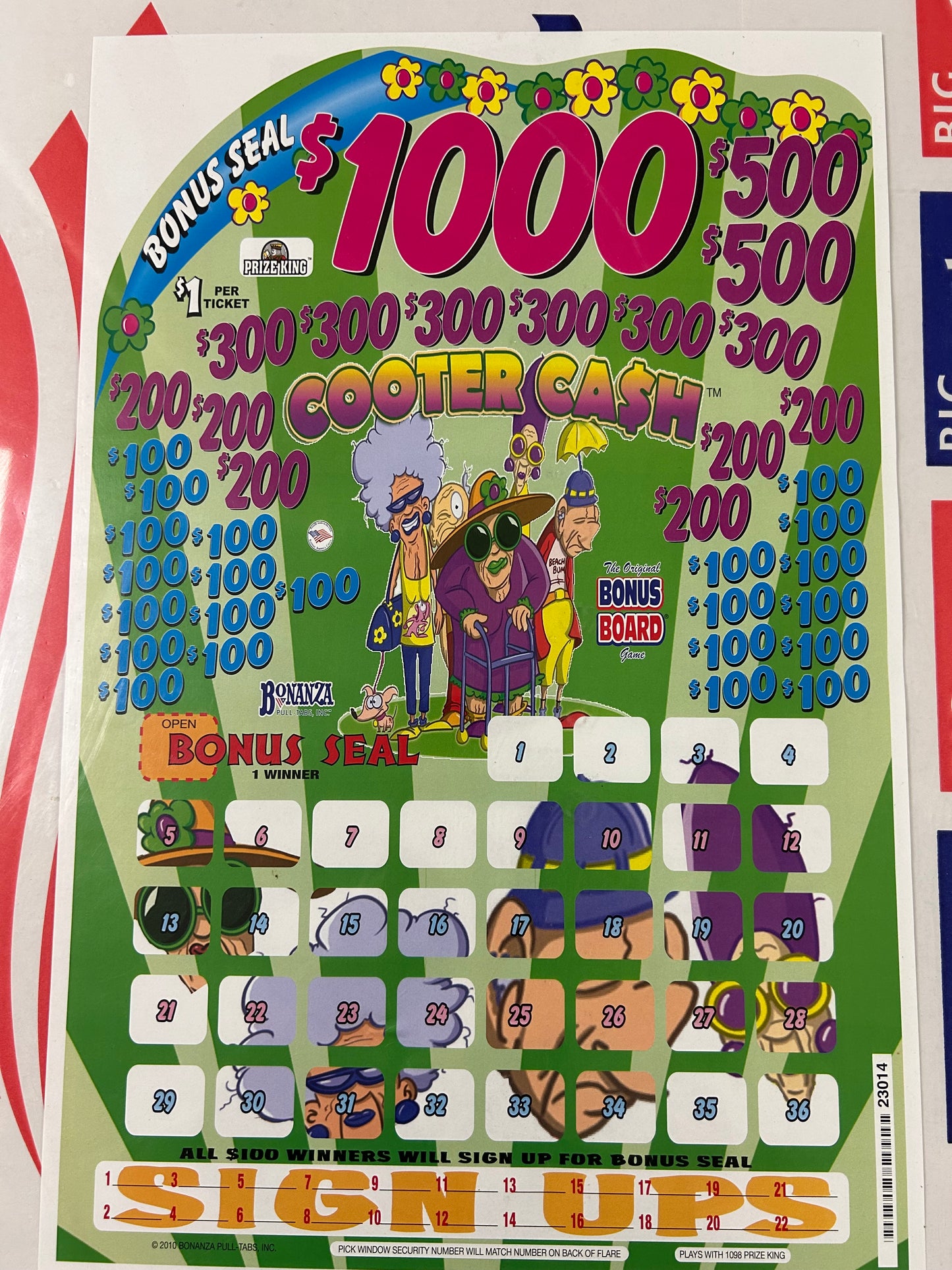 Cooter Cash Prize King 396ct Bonus Board Pull Tabs