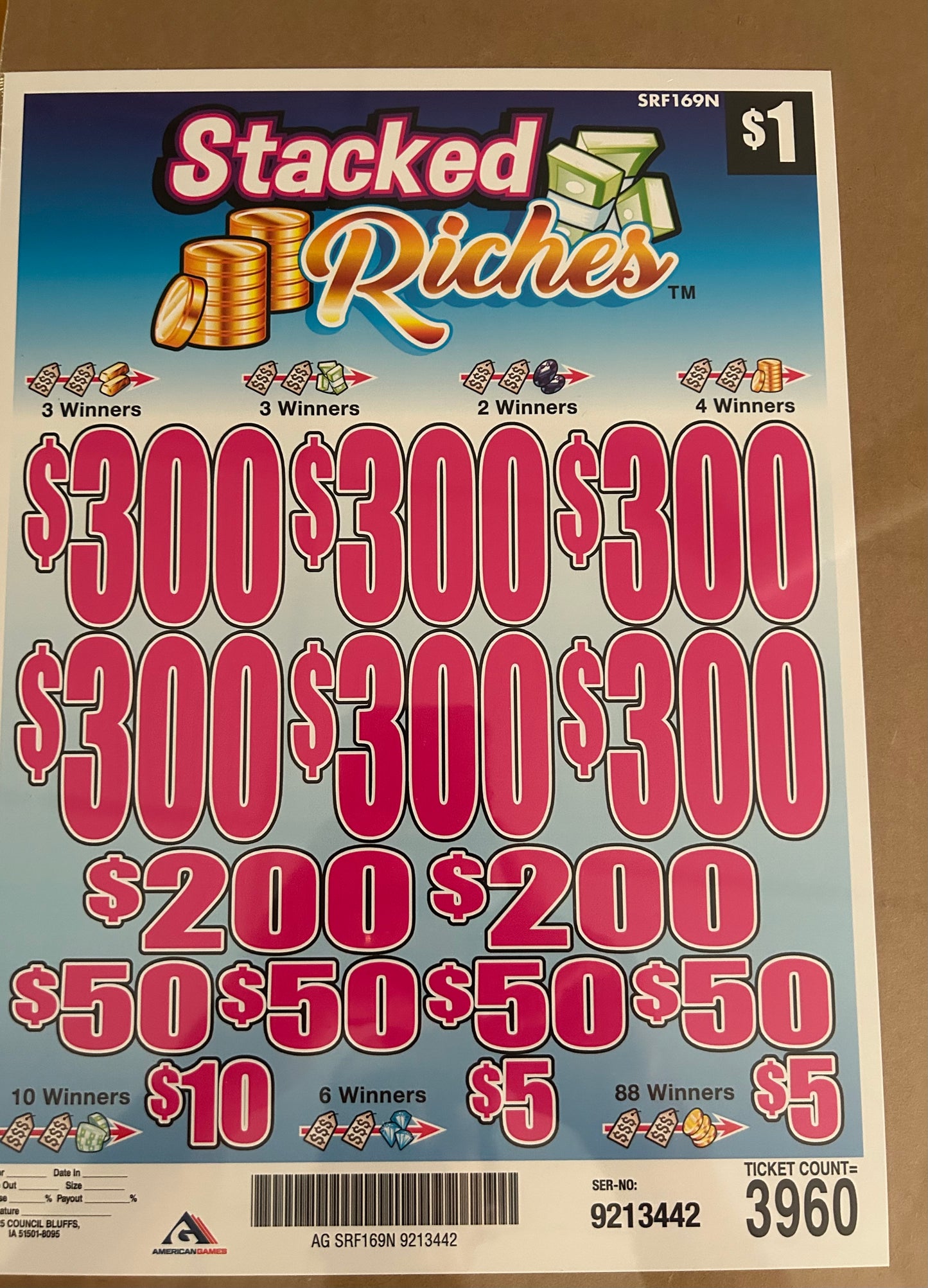 Stacked Riches $1 3960ct 6-$300 Instant Pull Tabs