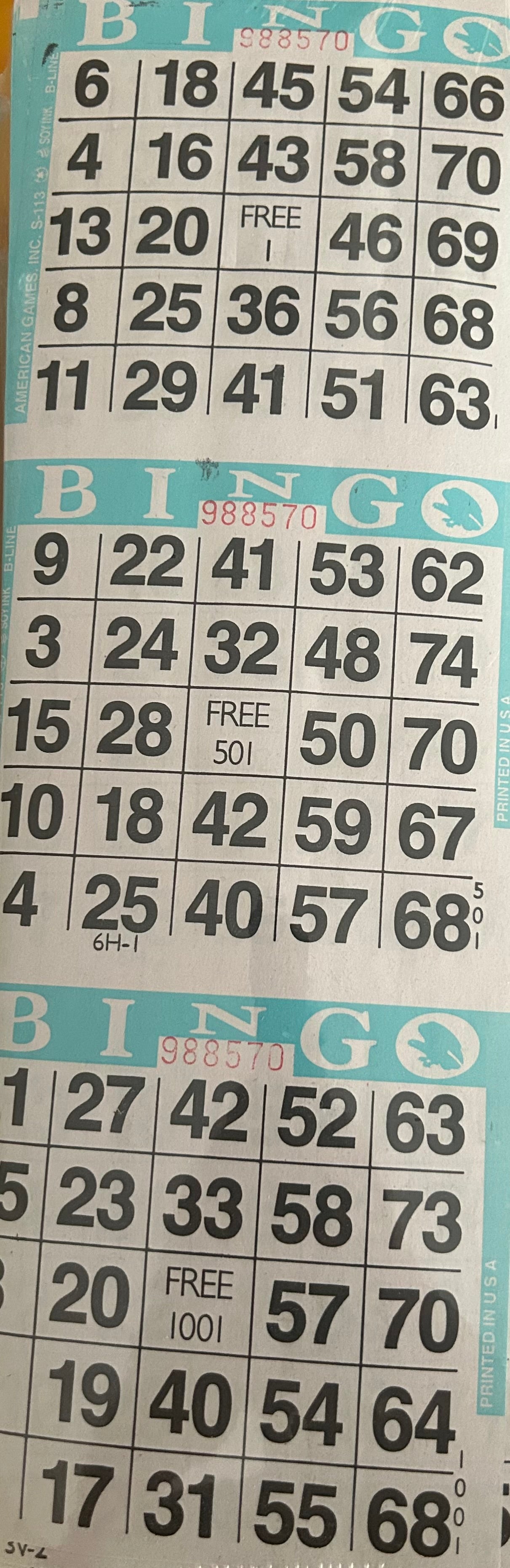 Aqua 3on Vertical Bingo Paper 1000 Paper Strips
