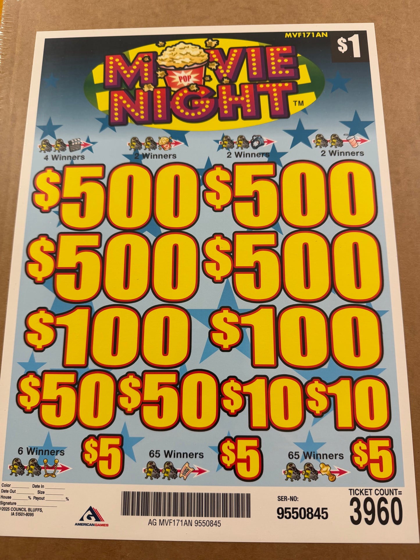 Movie Night 3960ct 4-$500 Instant Pull Tabs