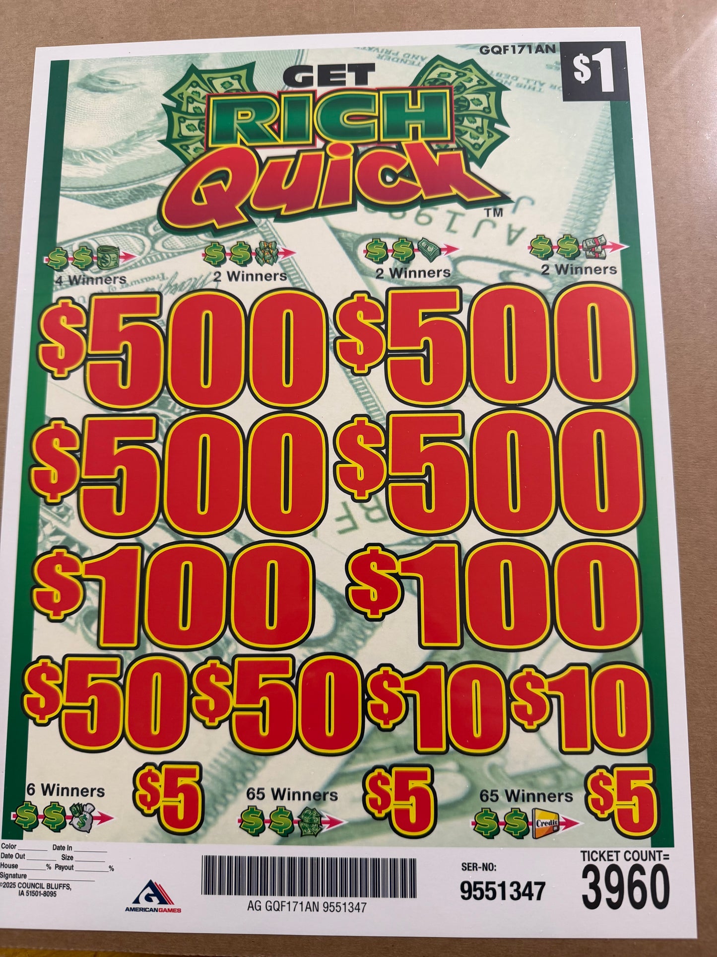 Get Rich Quick 3960ct 4-$500 Instant Pull Tabs