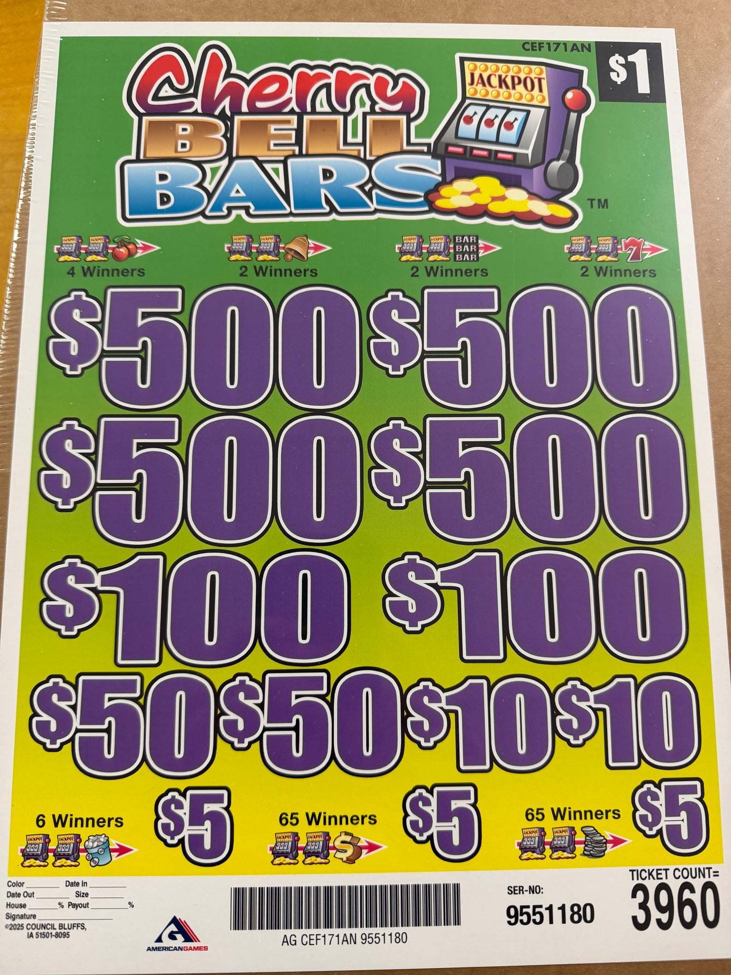 Cherry Bell Bars 3960ct 4-$500 Instant Pull Tabs