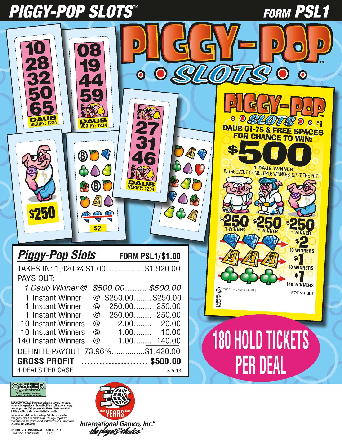 Piggy-Pop Slots 1920ct Daub Ticket Pull Tabs