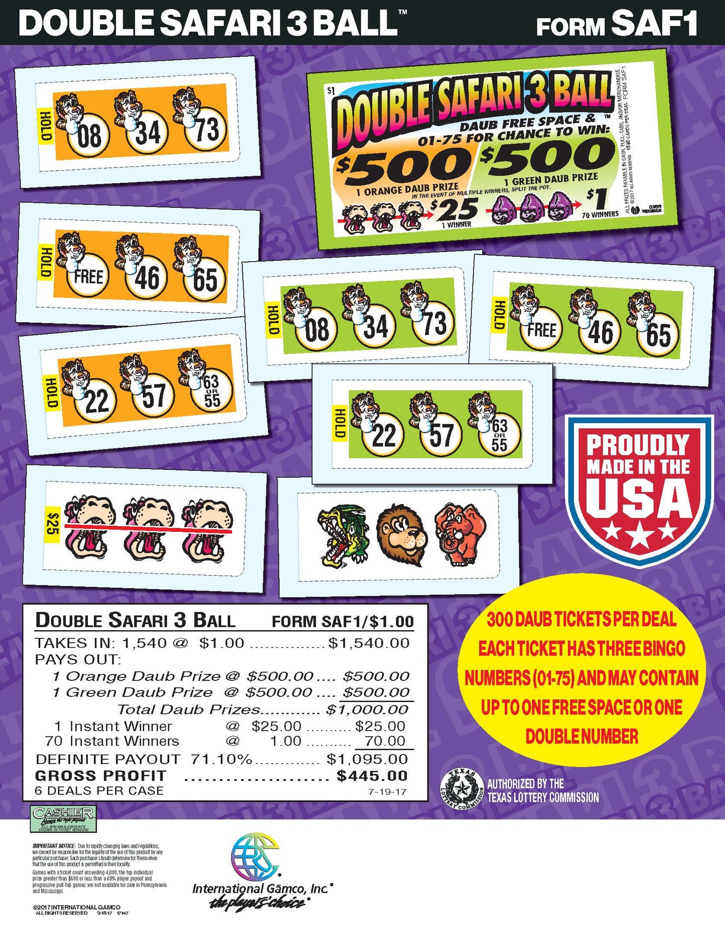 Double Safari 3 Ball 1540ct Daub Game Pull Tabs