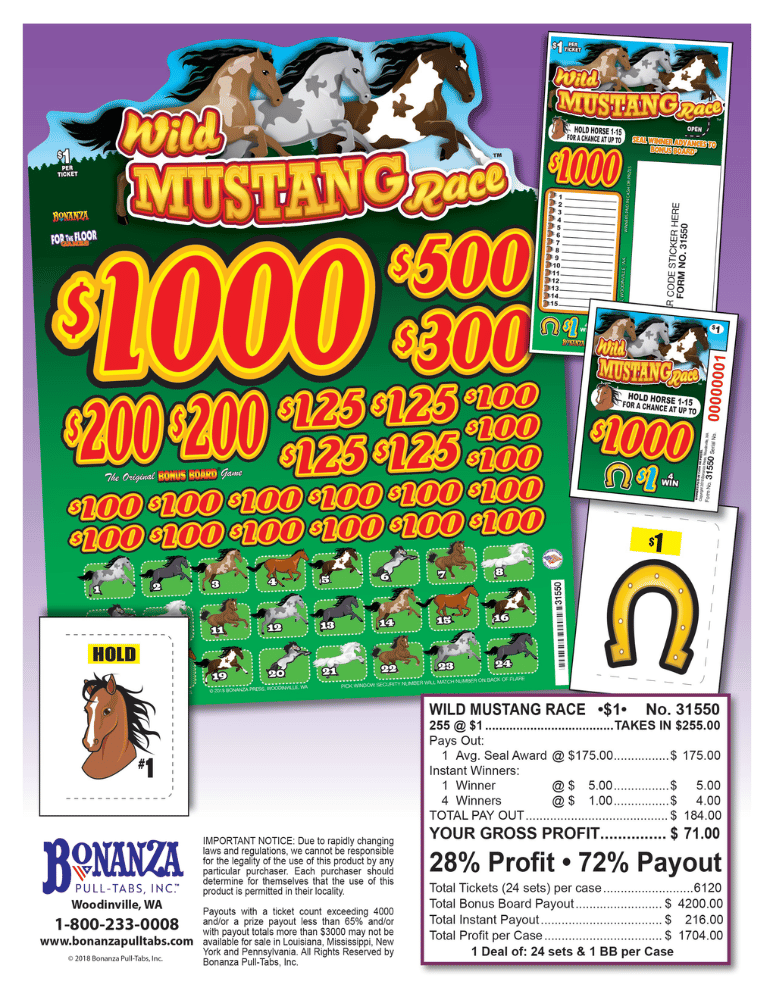 Wild Mustang Race 255ct Bonus Board Pull Tabs