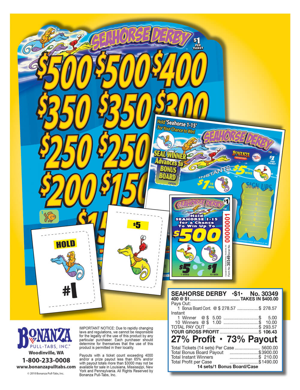 Seahorse Derby 400ct Bonus Board Pull Tabs