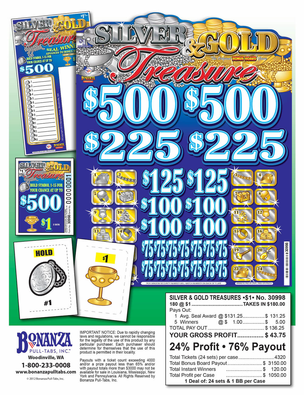 Silver and Gold 180ct Bonus Board Pull Tabs