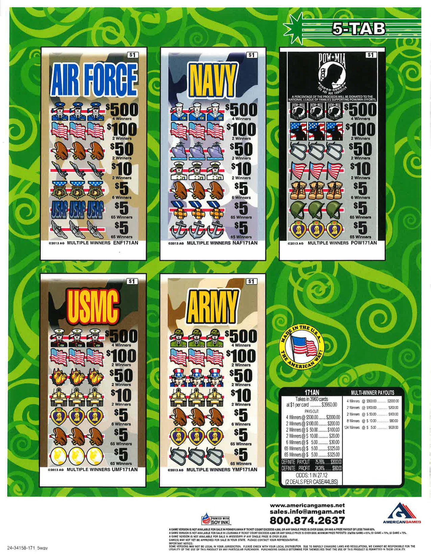 Air Force $1 4-$500 Top instant Pull Tabs