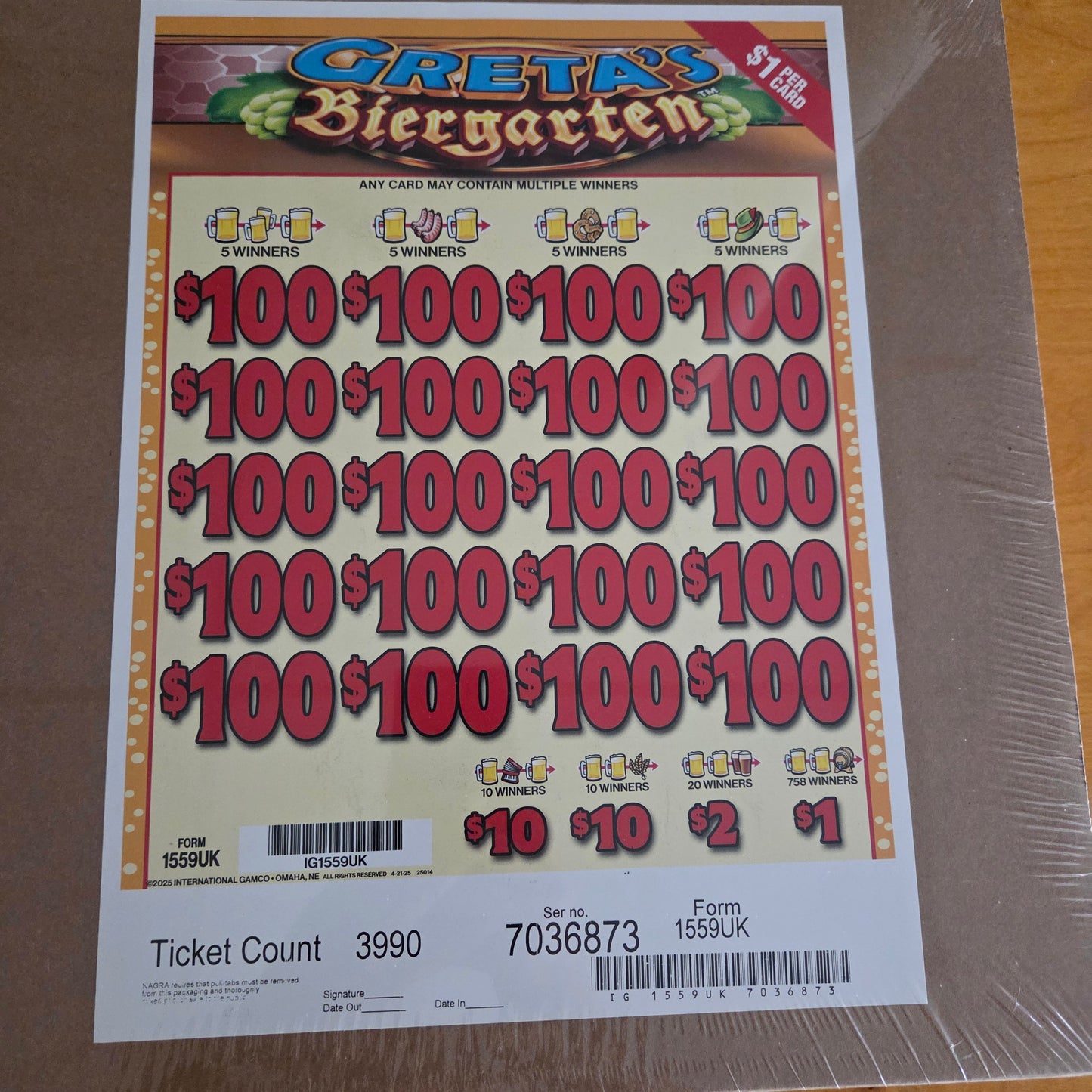 Greta's Biergarten $1 3990ct 20-$100 Instants Pull Tabs