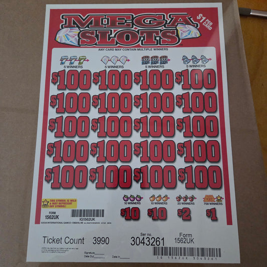 Mega Slots  $1 3990ct 20-$100 Instants Pull Tabs
