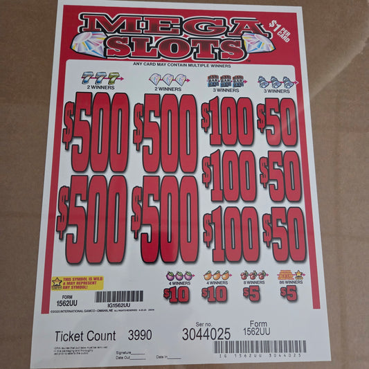 Mega Slots $1 3990ct 4-$500 Instant Pull Tabs