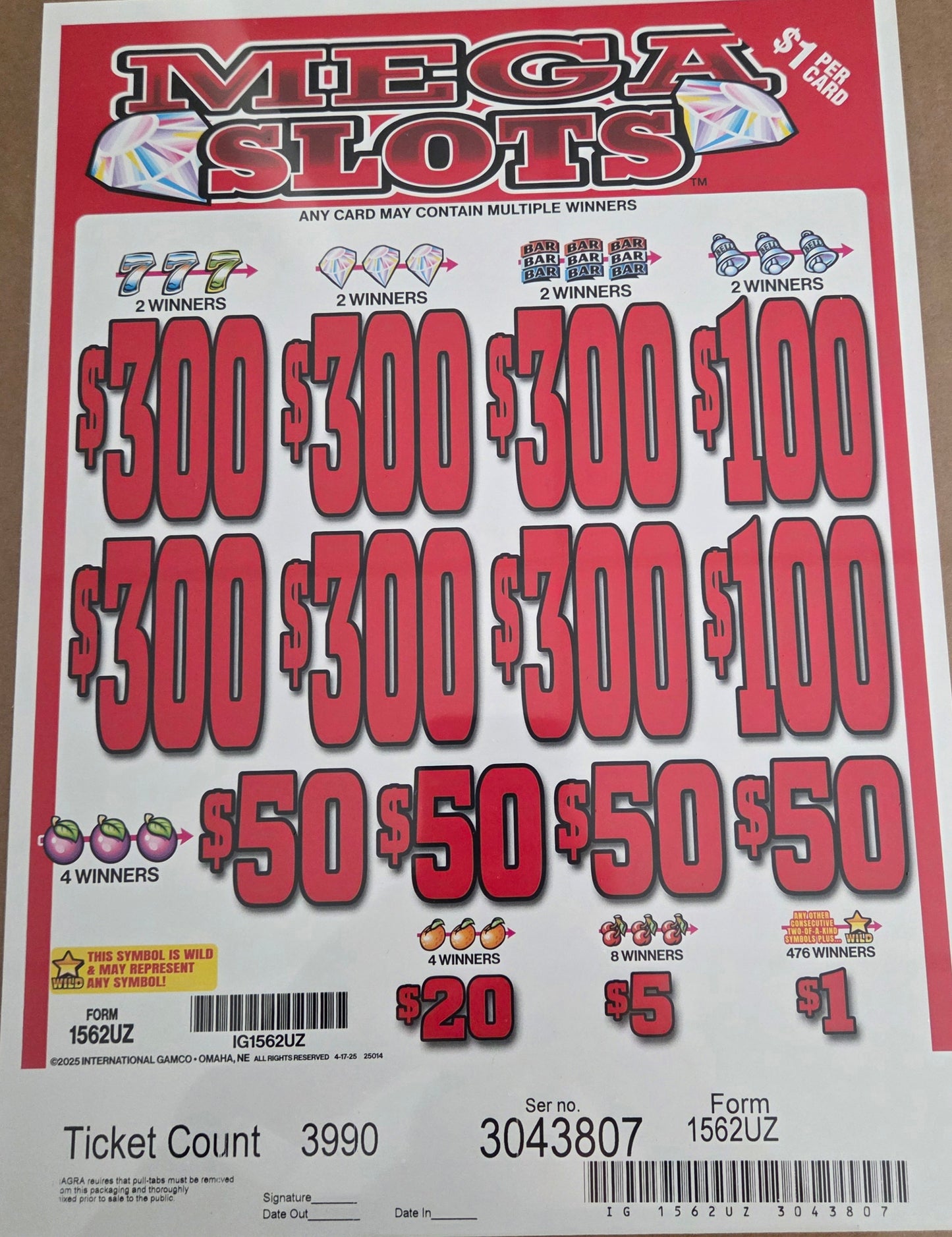 Mega Slots $1 3990ct 6-$300 Instant Pull Tabs