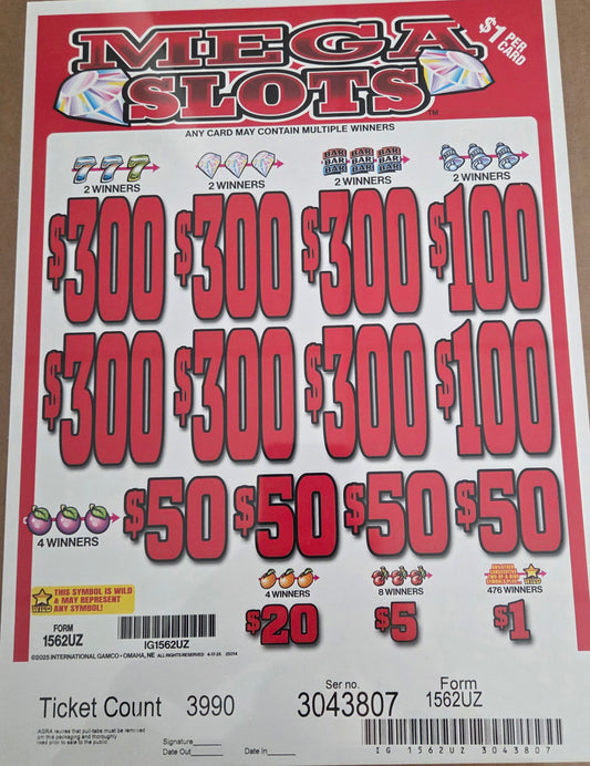 Mega Slots $1 3990ct 6-$300 Instant Pull Tabs