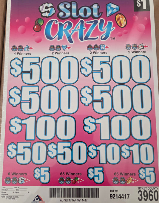 Slot Crazy $1 3960ct 4-$500 Instant Pull Tabs