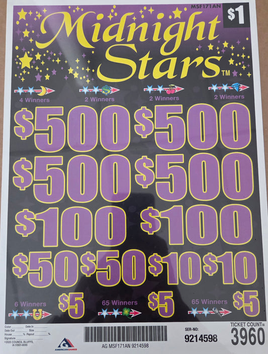 Midnight Stars $1 3960ct 4-$500 Instant Pull Tabs