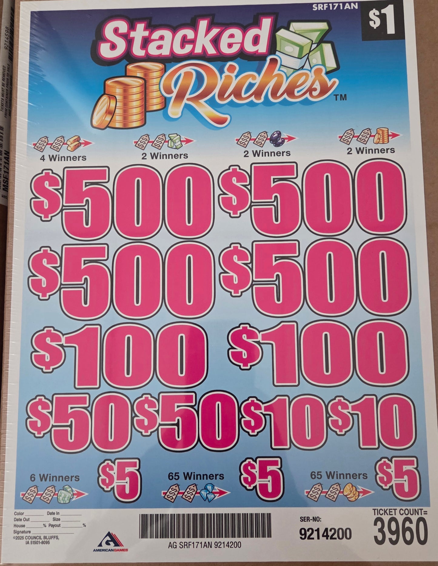 Stacked Riches $1 3960ct 4-$500 Instant Pull Tabs