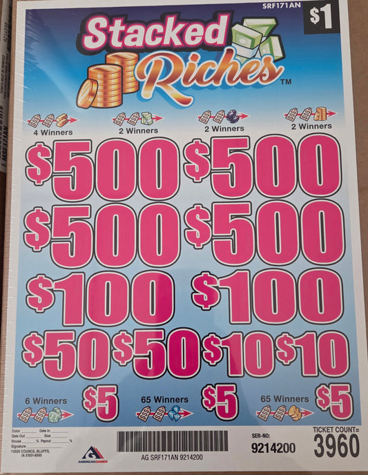 Stacked Riches $1 3960ct 4-$500 Instant Pull Tabs