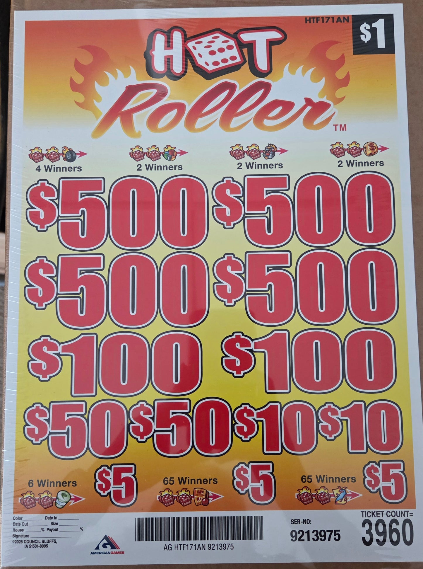 Hot Roller $1 3960ct 4=$500 Instant Pull Tabs