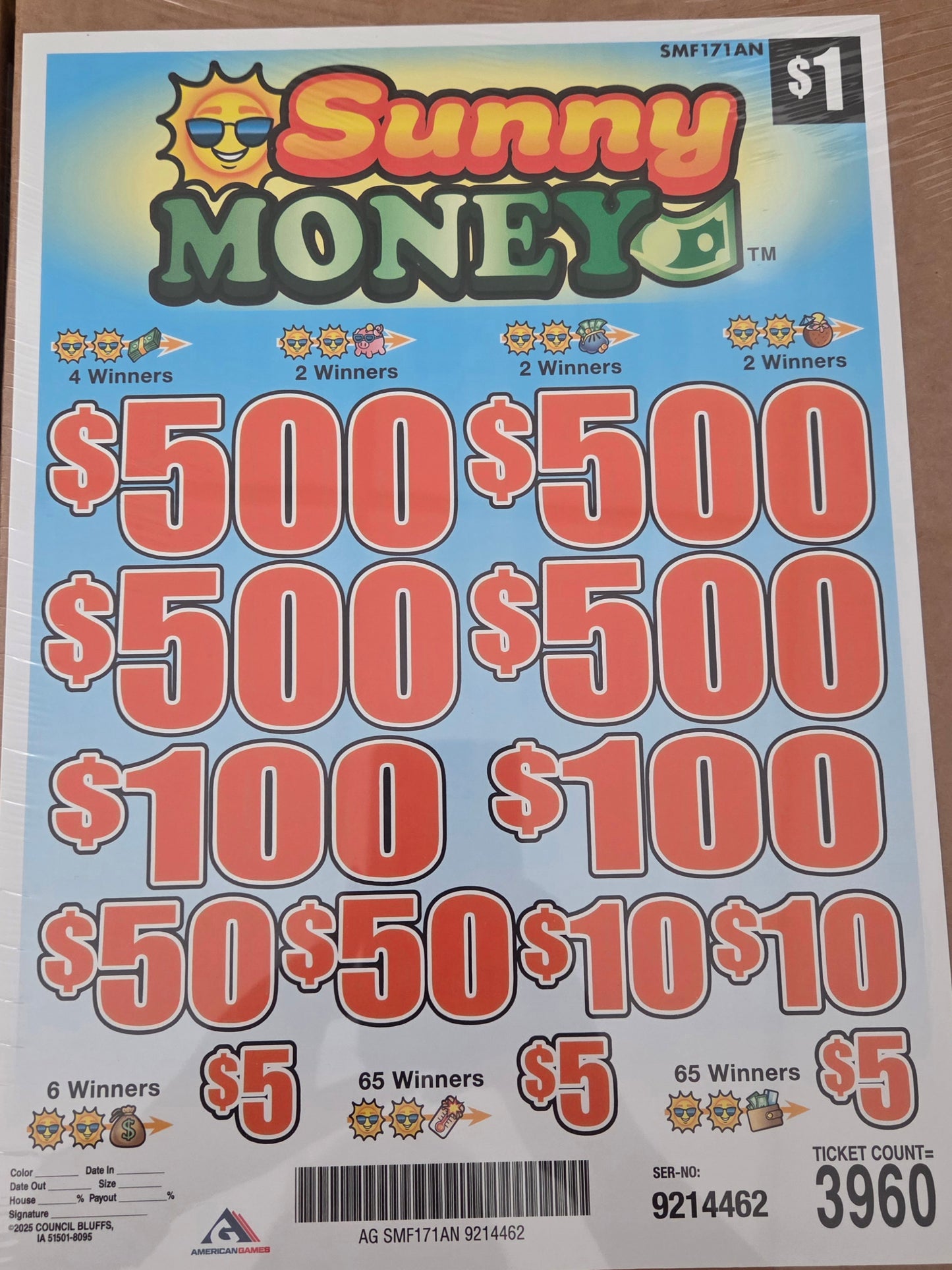 Sunny Money $1 3960ct 4-$500 Instant Pull Tabs
