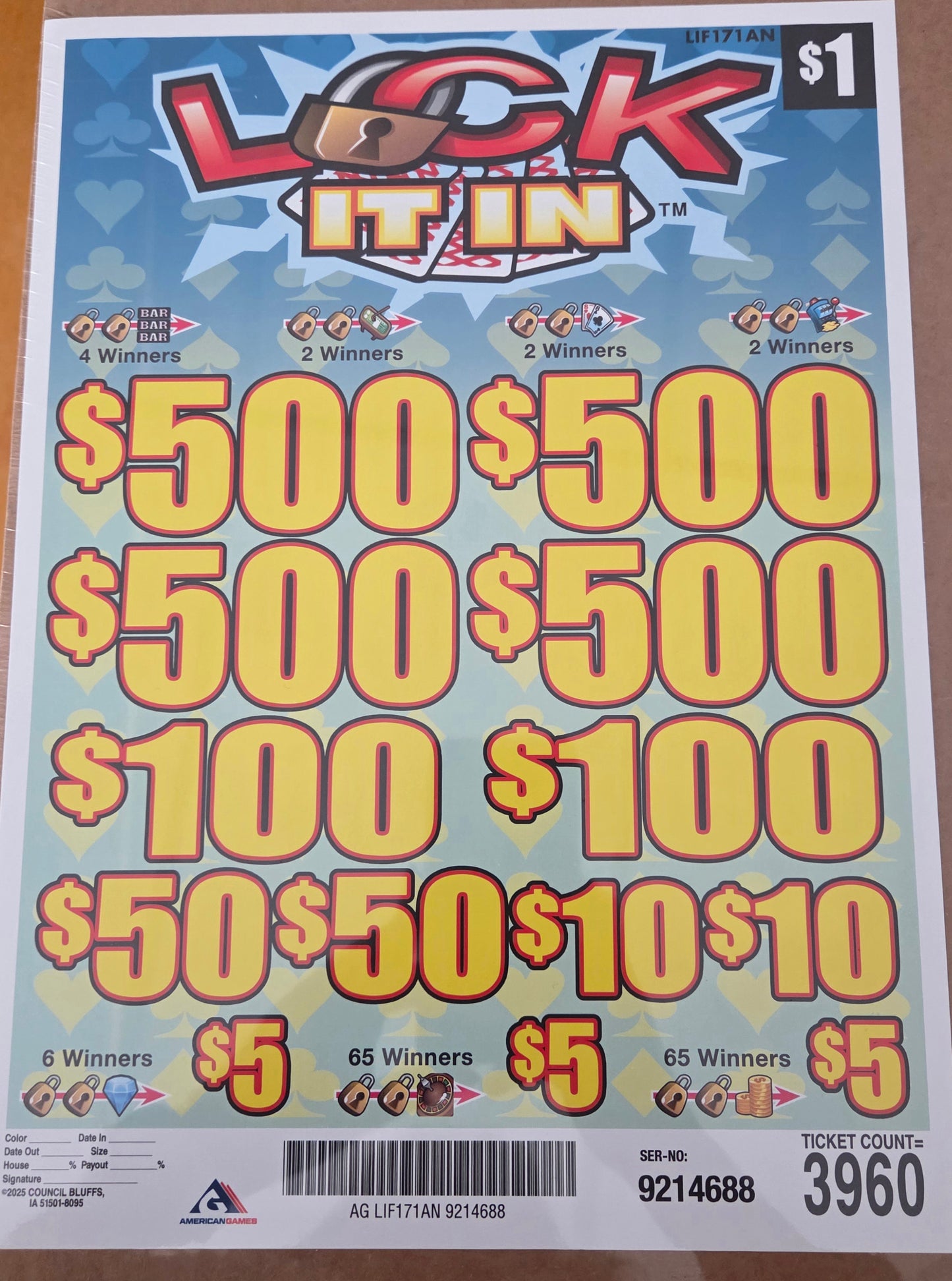 Lock It In $1 3960ct 4-$500 Instant Pull Tabs