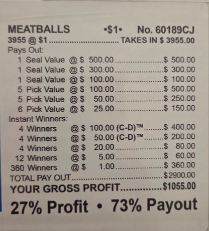 Meatballs 3955ct One Pack Bonus Board Chip Pull Tabs