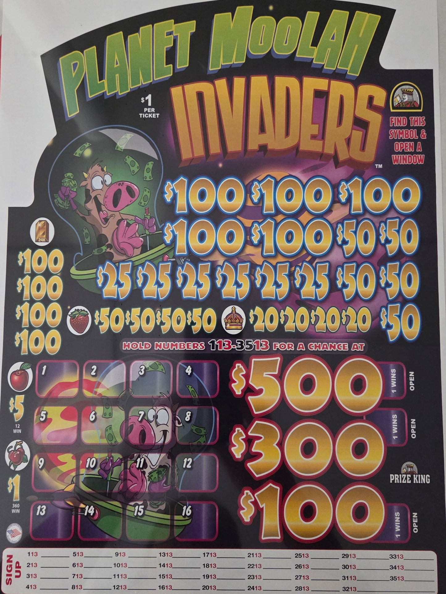 Planet Moolah Invaders 3955ct One Pack Bonus Board Chip Pull Tabs