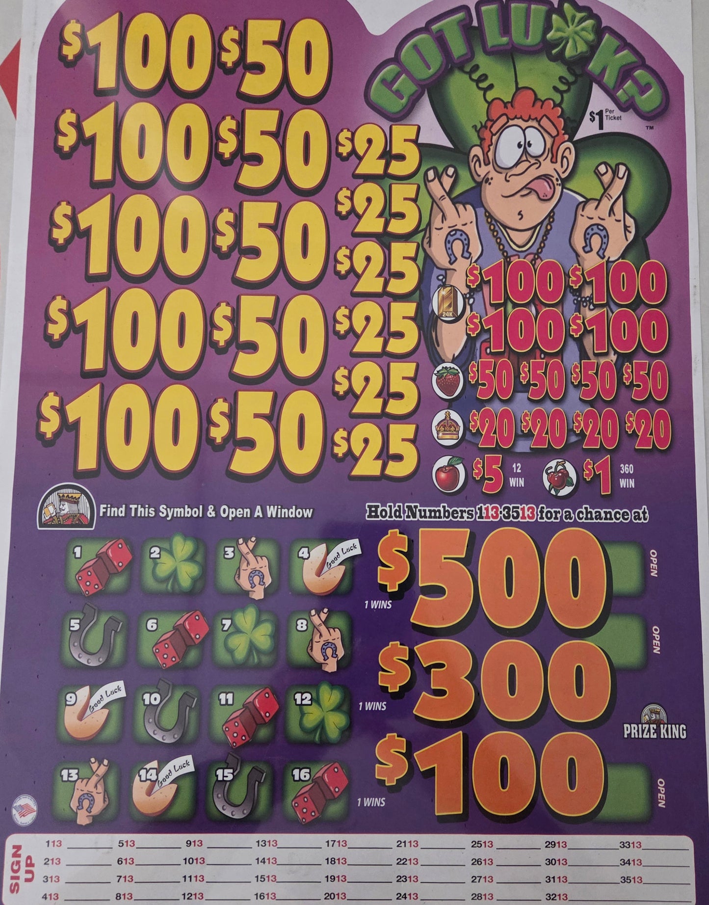 Got Luck 3955ct Bonus Board Chip Pull Tabs