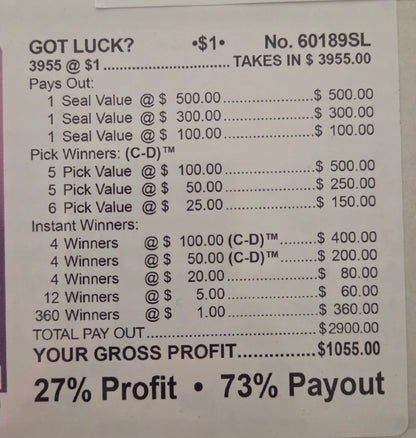 Got Luck 3955ct Bonus Board Chip Pull Tabs