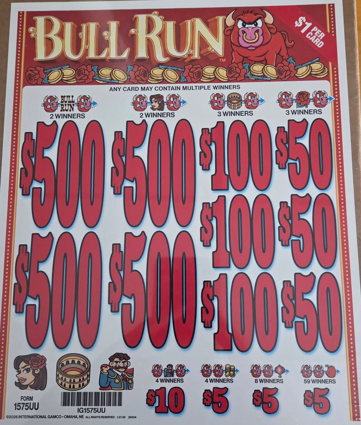 Bull Run $1 3990ct 4-$500 Instant Pull Tabs
