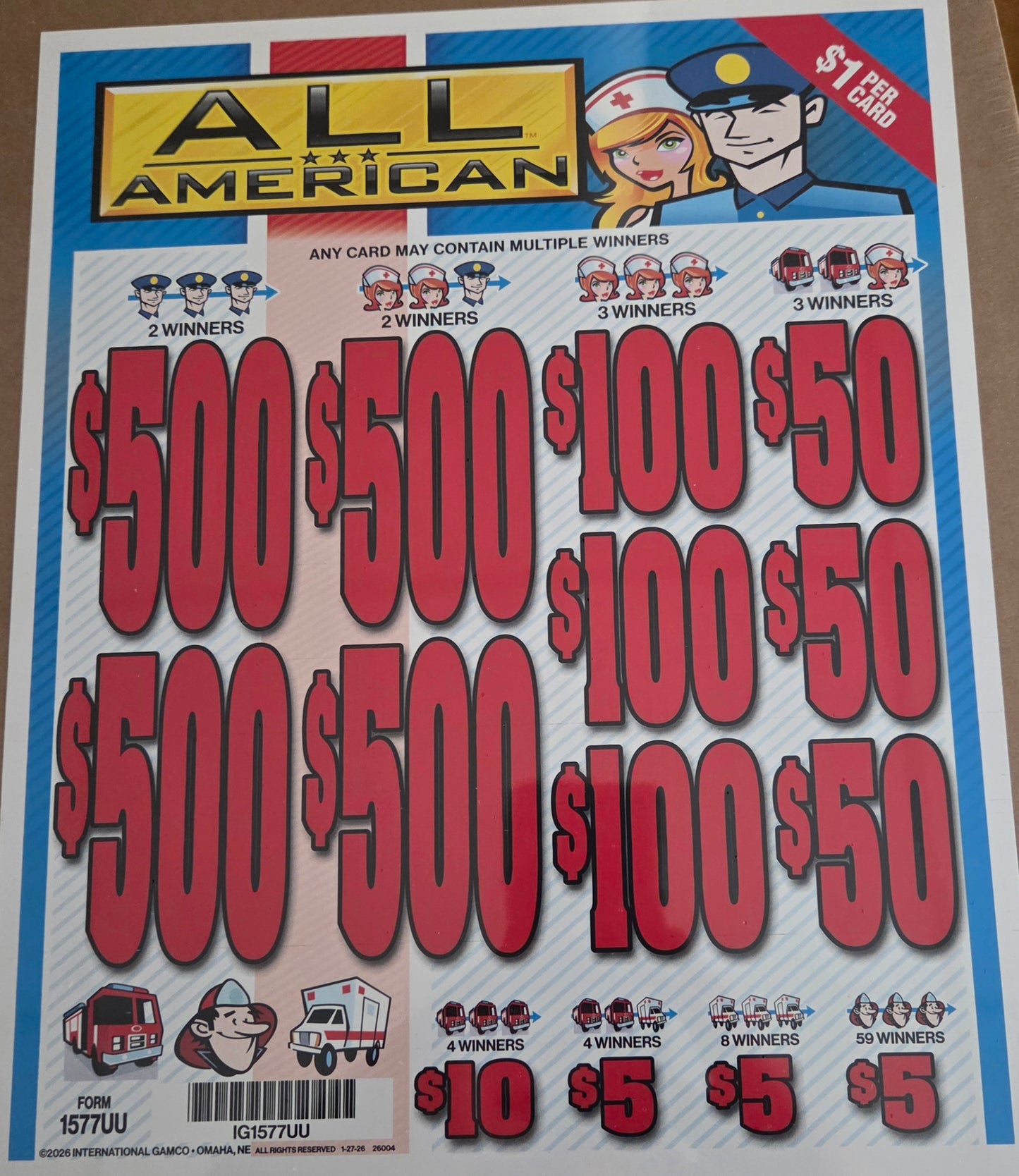 All American $1 3990ct 4-$500 Instant Pull Tabs