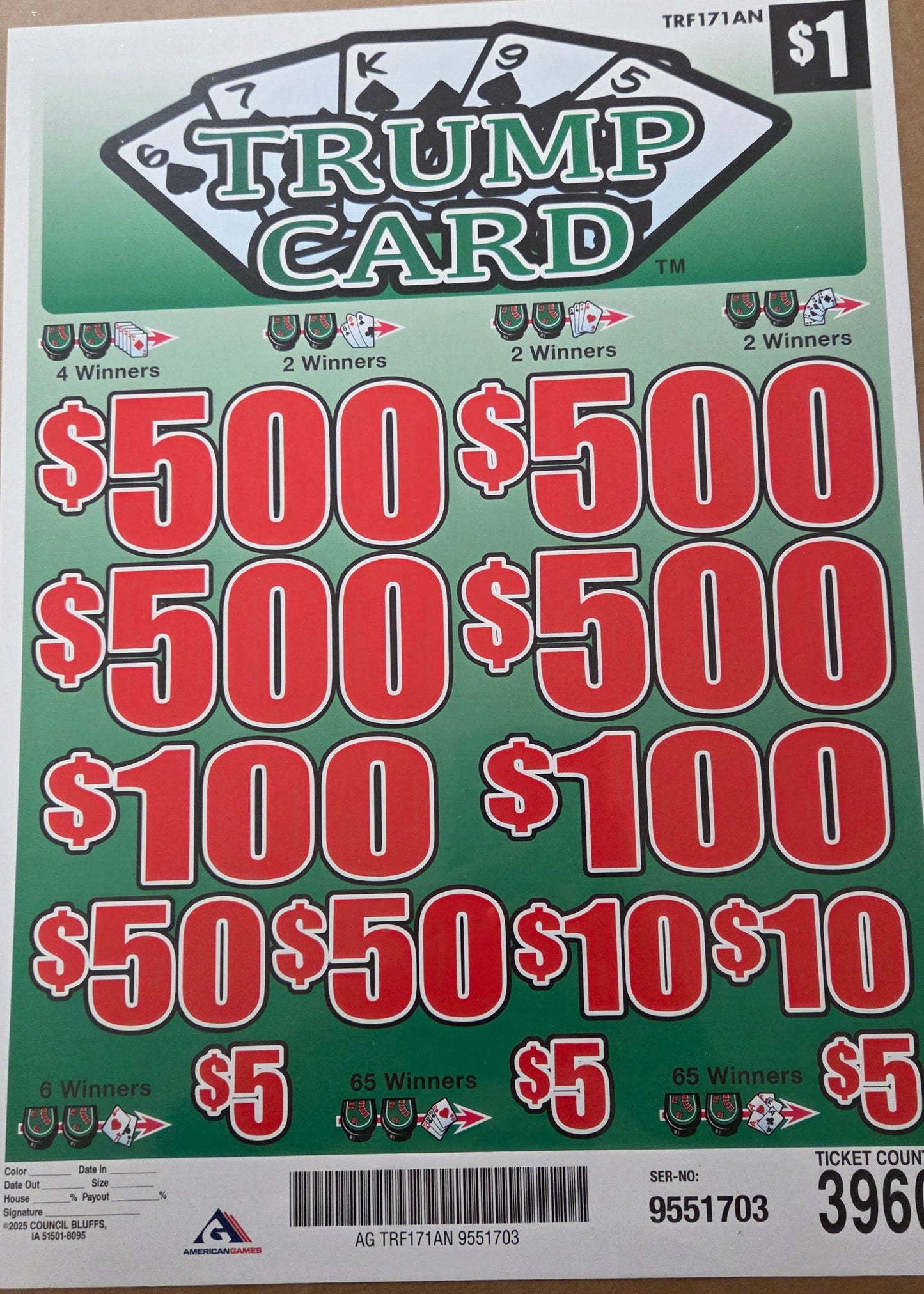 Trump Card $1 3960ct 4-$500 Instant Pull Tabs
