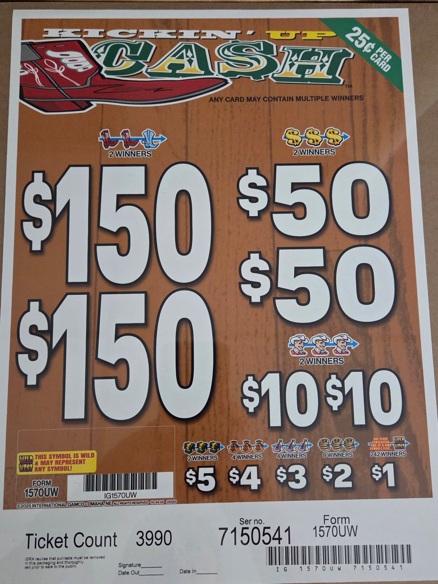 Kickin' Up Cash $0.25 3990ct Instant Pull Tabs