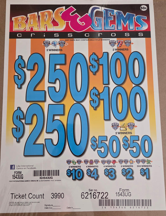 Bars And Gems 3990ct $0.50 2-$250 Instant Pull Tabs