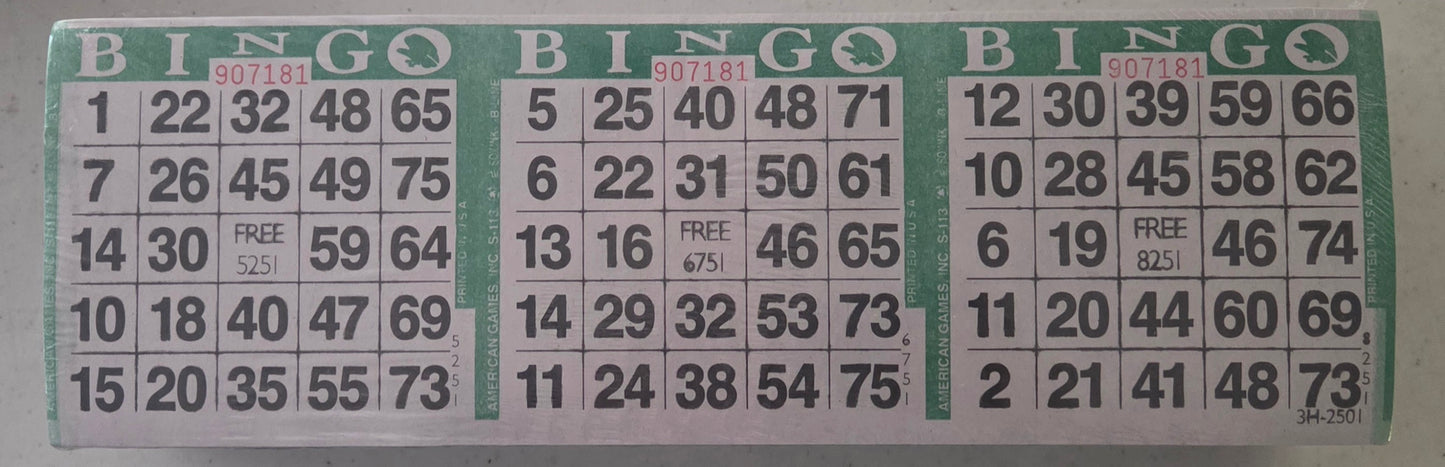 Green 3on Horizontal Bingo Paper 750 Paper Strips 2250 Cards