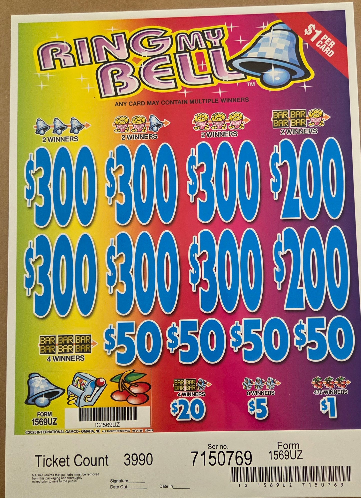 Ring My Bell $1 3990ct 6-$300 Instant Pull Tabs