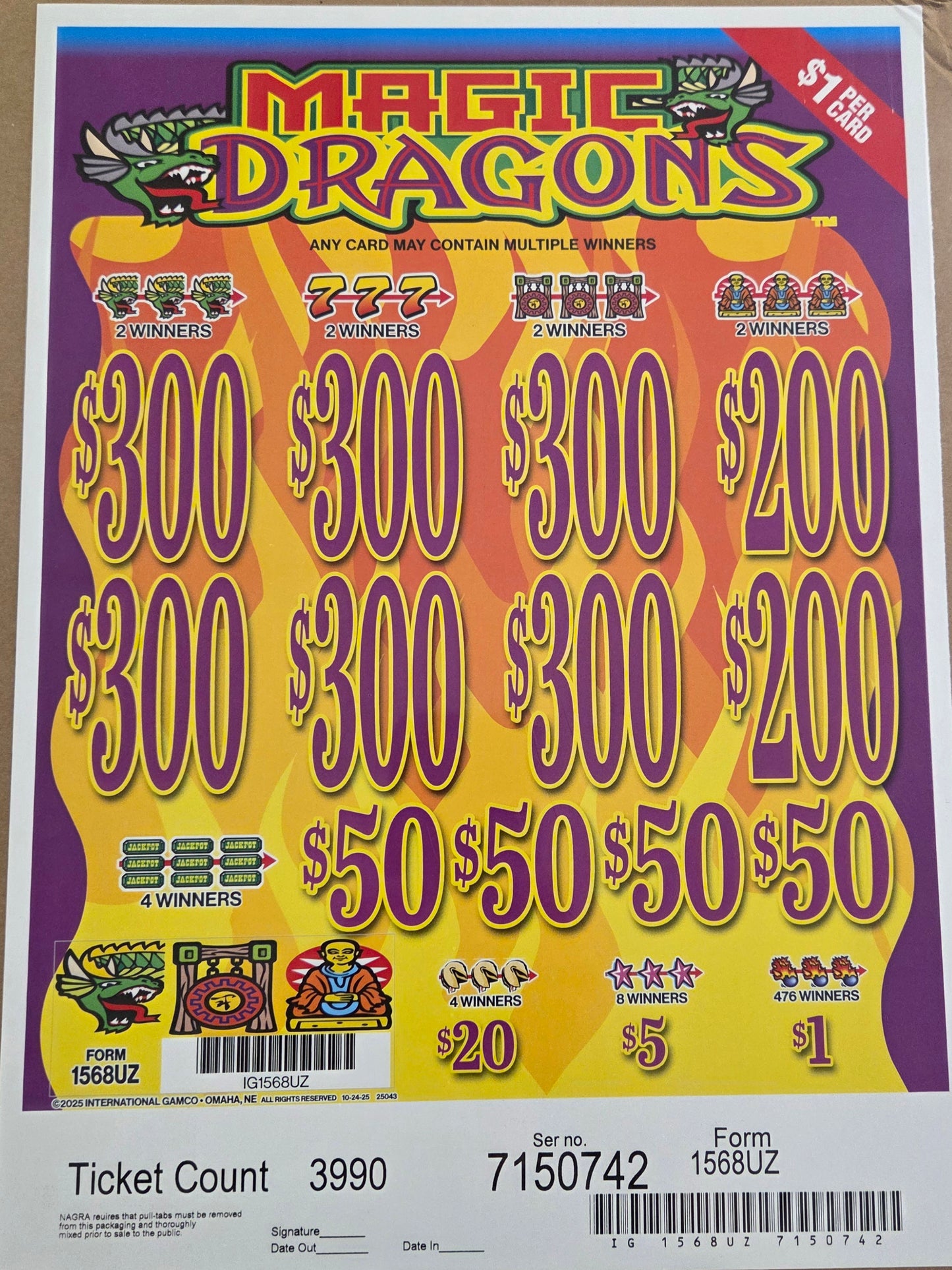Magic Dragons $1 3990ct 6-$300 Instant Pull Tabs