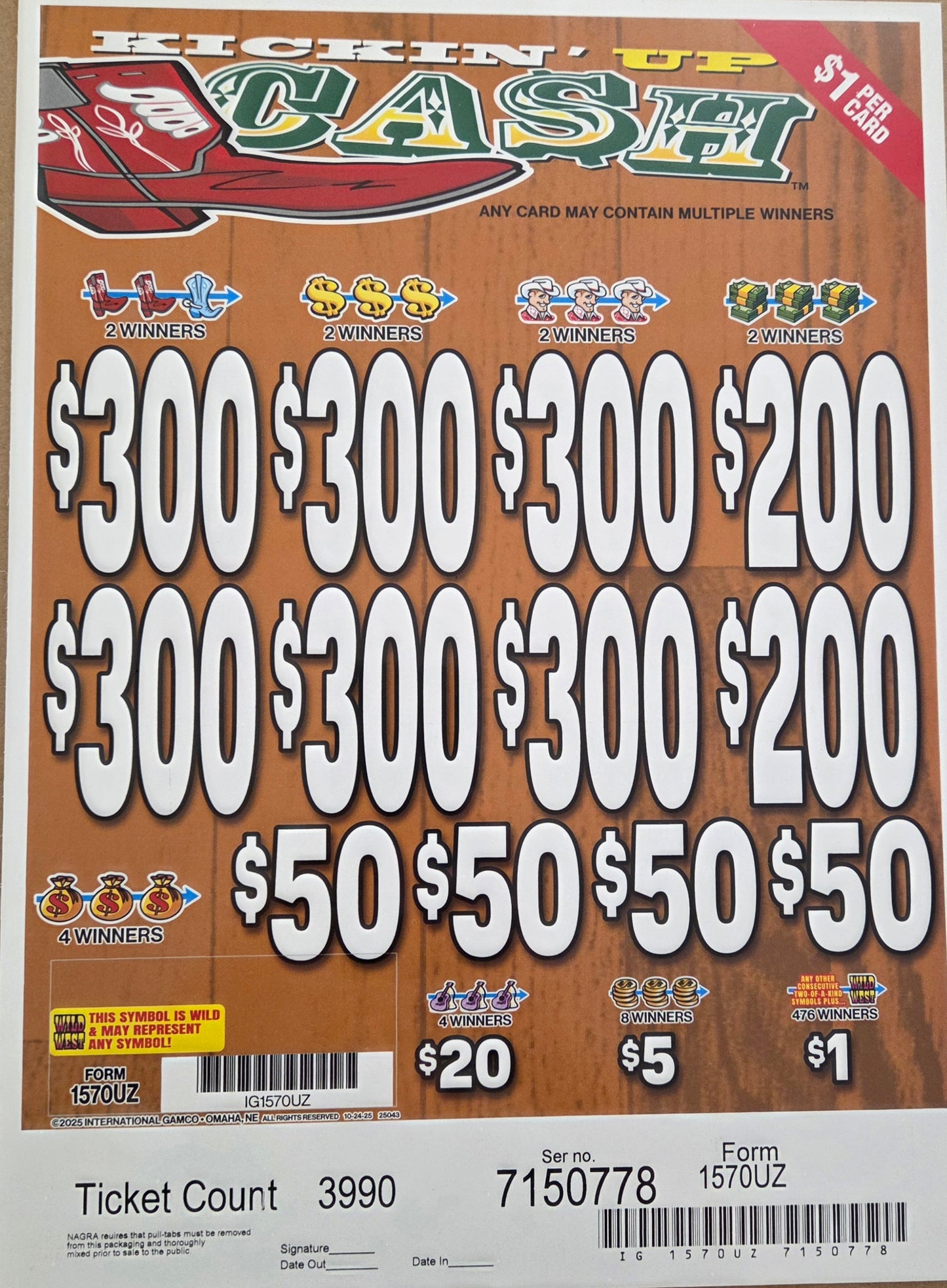 Kickin' Up Cash $1 3990ct 6-$300 Instant Pull Tabs