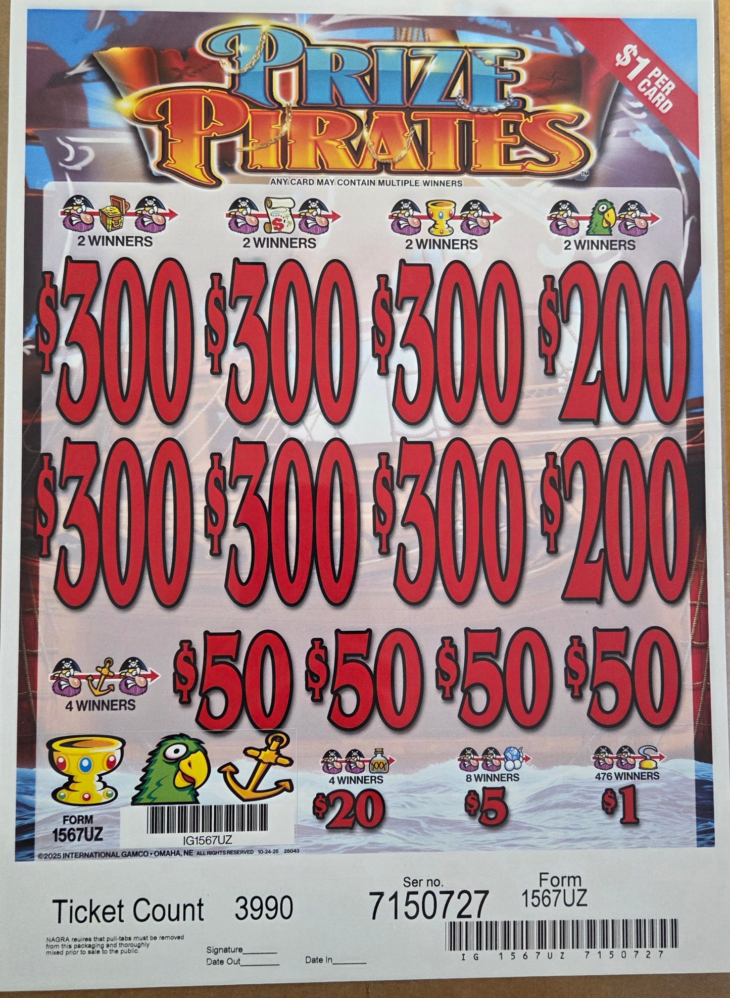 Prize Pirates $1 3990ct 6-$300 Instant Pull Tabs